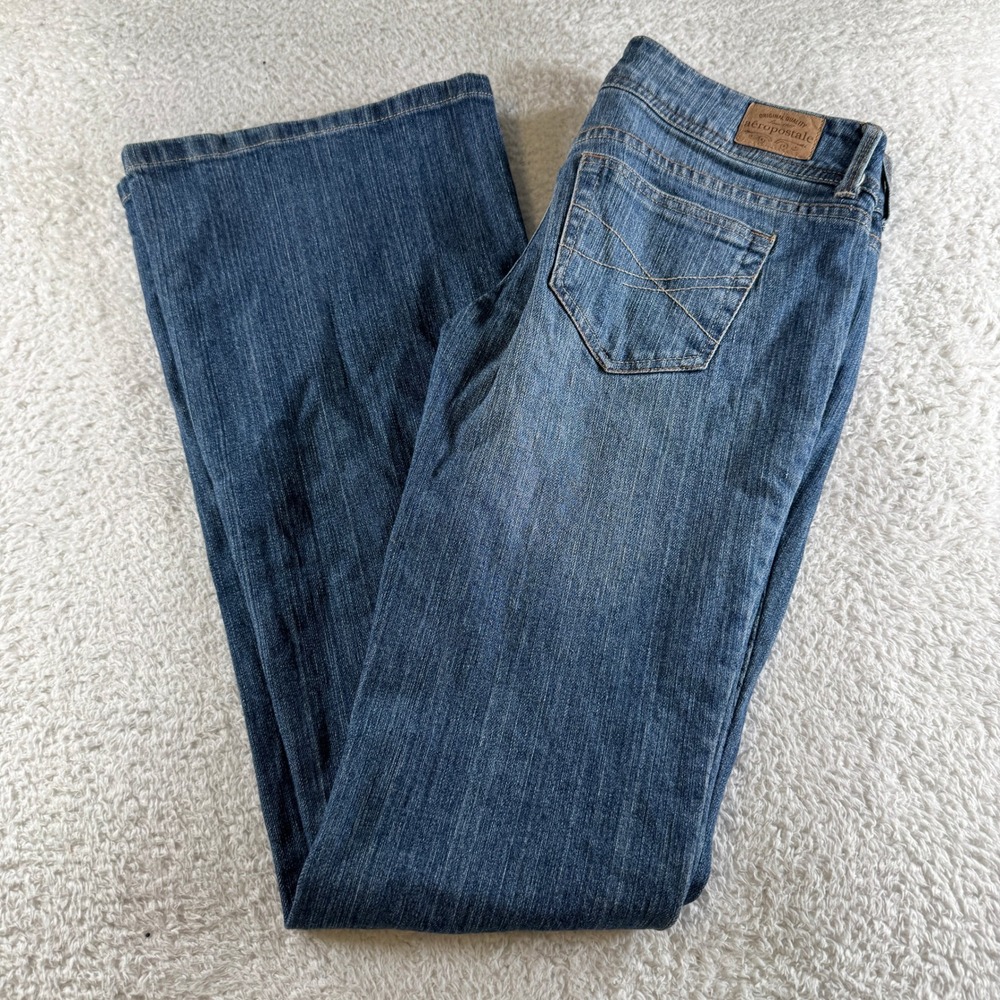 Aeropostale Hailey Flare Jeans Women 3/4 Long Blue 29x34 Low Rise Denim